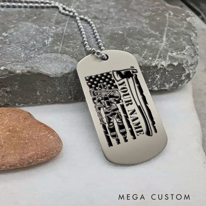 Personalized Firefighter Dog Tag Necklace Custom Gift with Axe and Flag Design