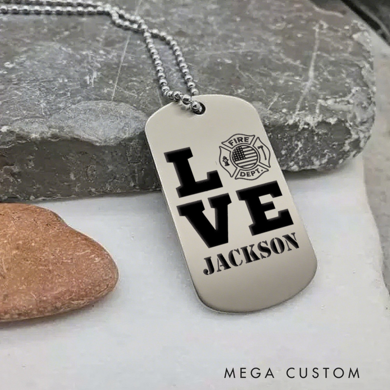 Personalized Firefighter Dog Tag Necklace with LOVE Design Gift for Firefighter