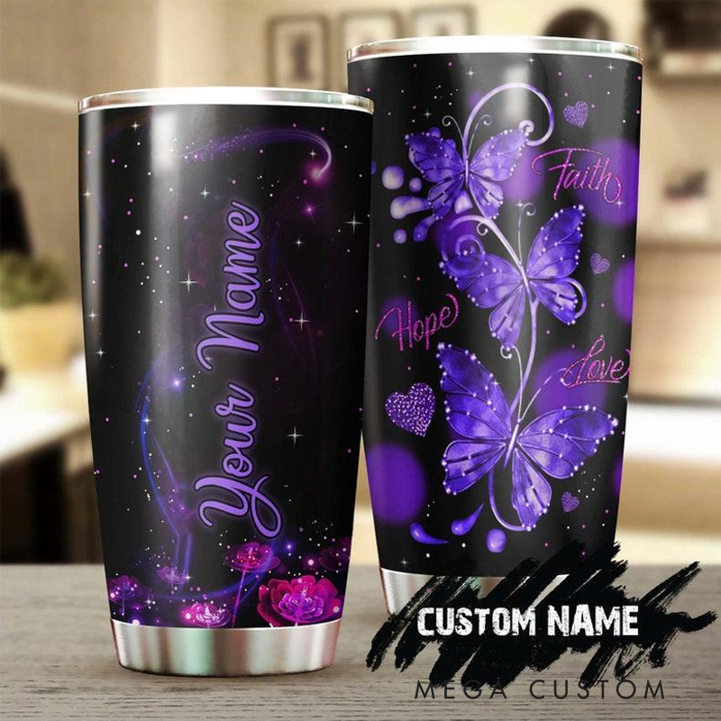 Personalized Purple Fairy Beautiful Butterfly Faith Hope 20oz Stainless Steel Tumbler with Name Christmas Gift