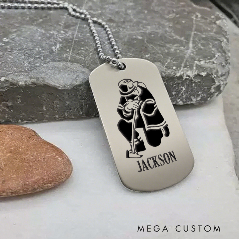 Personalized Firefighter Dog Tag Necklace with Kneeling Firefighter Design Firefighter