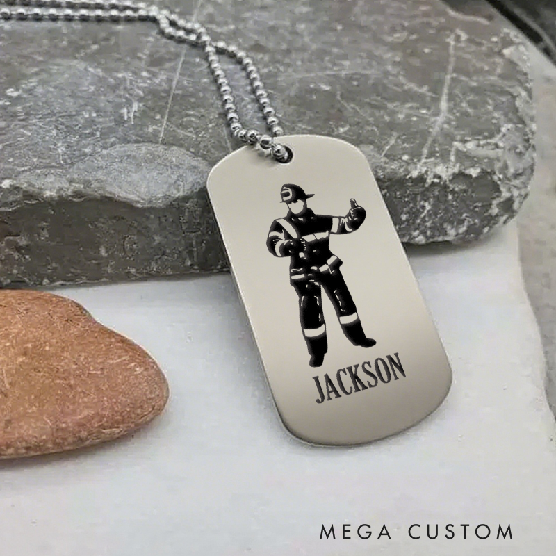 Personalized Firefighter Dog Tag Necklace with Firefighter Figure Design Firefighter