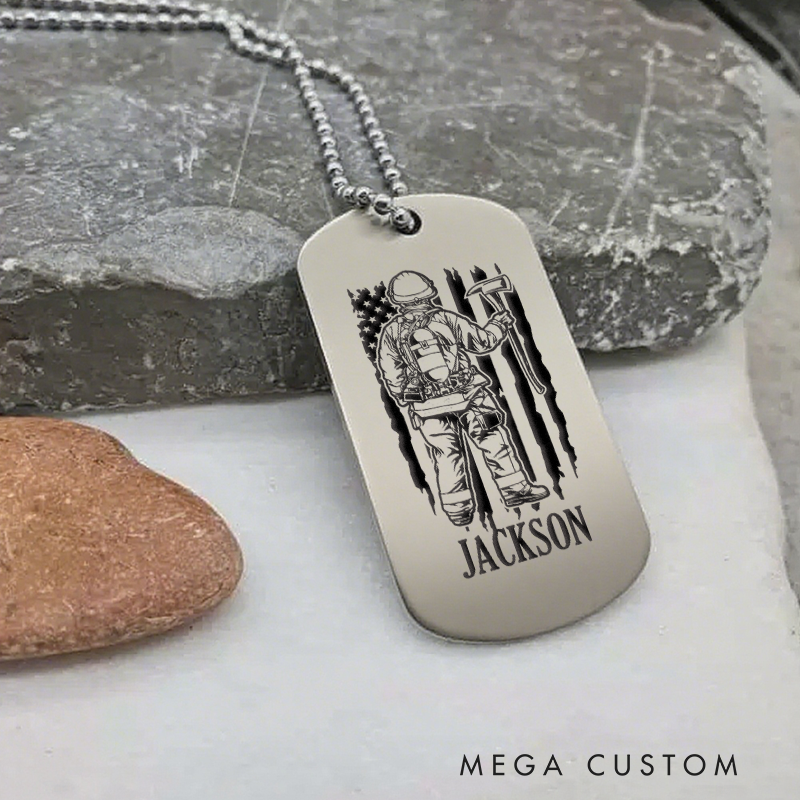Personalized Firefighter Dog Tag Necklace with Firefighter and Axe Design Firefighter