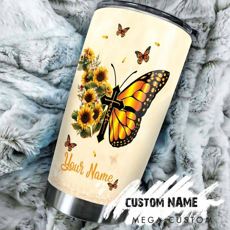 Personalized Sunflower Faith Cross My God Way Maker 20oz Stainless Steel Tumbler with Name Christmas Gift