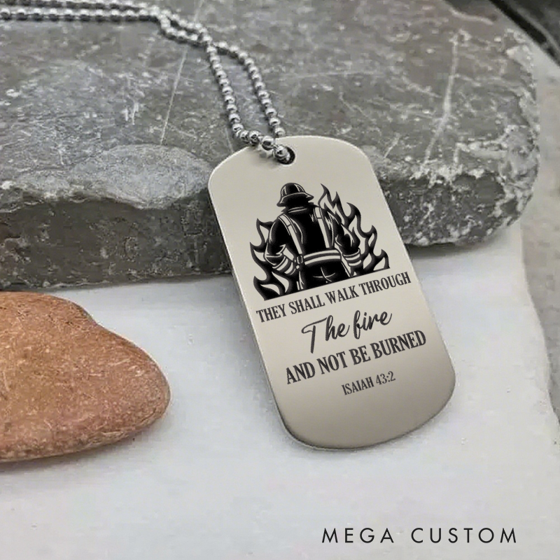 Personalized Firefighter Dog Tag Necklace with Isaiah Bible Verse Design Firefighter