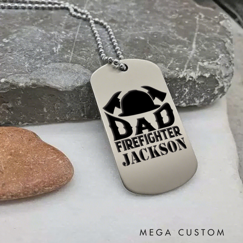Personalized Firefighter Dog Tag Necklace with Dad Firefighter Design Firefighter