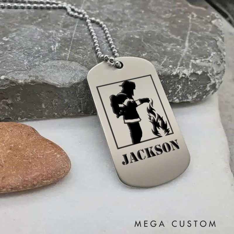 Personalized Firefighter Dog Tag Necklace with Fire Extinguishing Design Firefighter