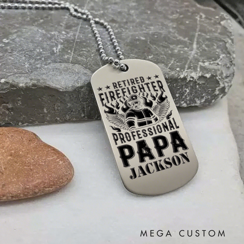 Personalized Retired Firefighter Dog Tag Necklace with Professional Papa Design