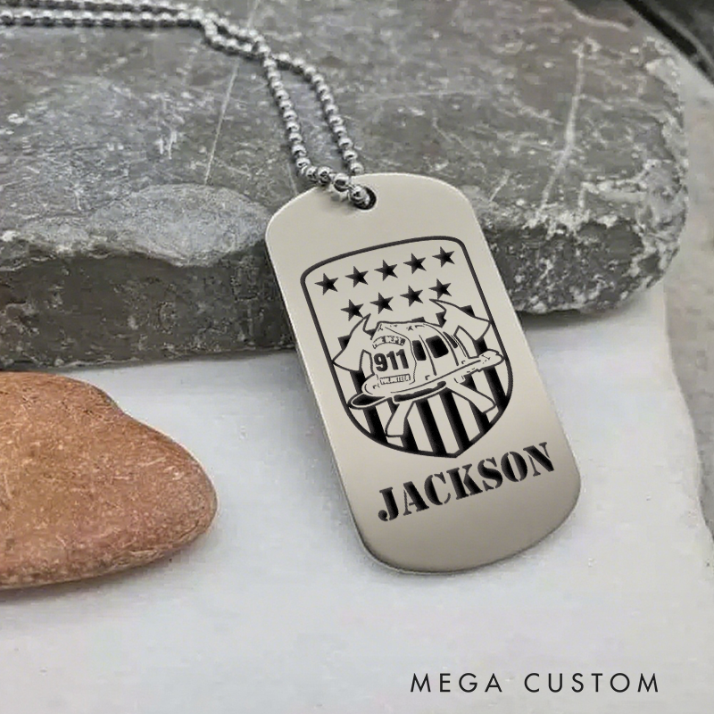 Personalized Firefighter Dog Tag Necklace with 911 Fire Truck and Stars Design