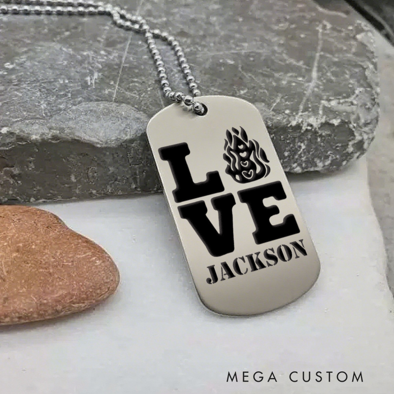 Personalized Firefighter Dog Tag Necklace with LOVE Firefighter Design