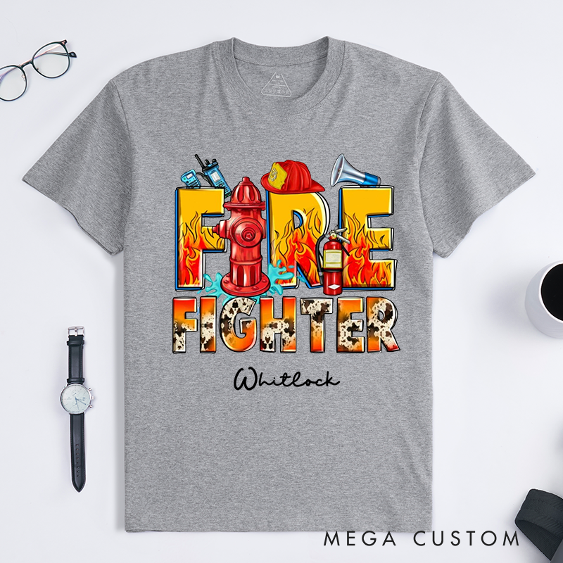 Personalized Vibrant Bold Dynamic Firefighter Typography and Equipment Illustration Design Gift for Firefighter T-Shirt