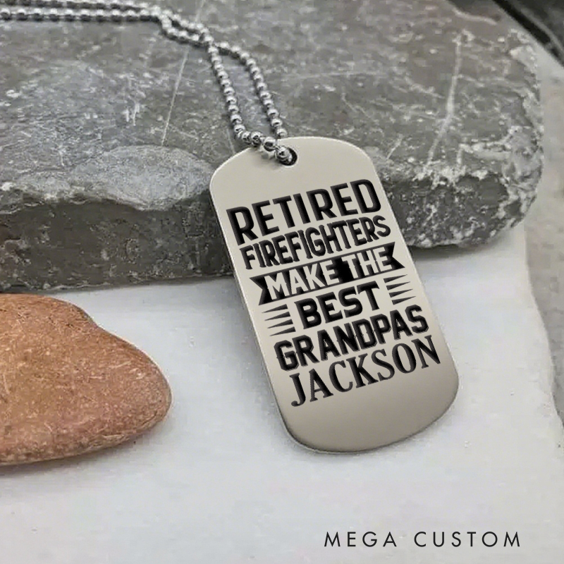 Personalized Stainless Steel Retired Firefighter Dog Tag Necklace with Best Grandpas Design