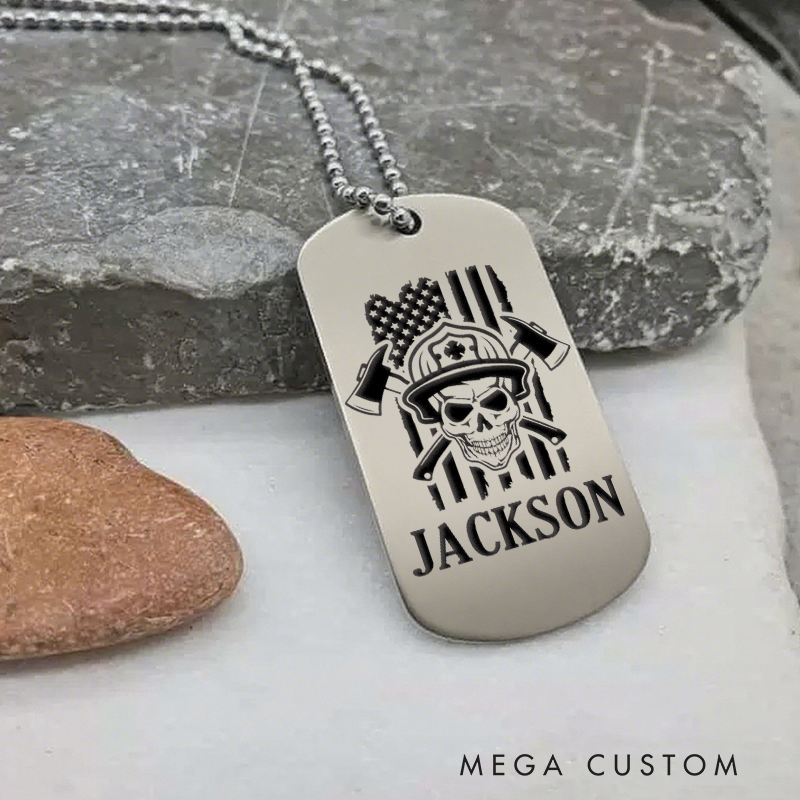 Personalized Firefighter Dog Tag Necklace with Skull and Axes Design
