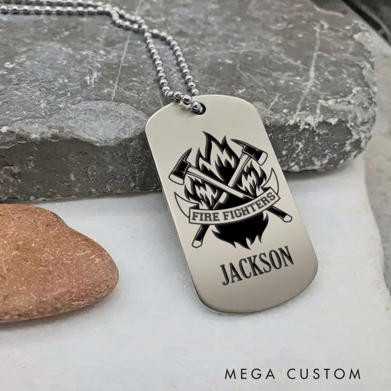 Personalized Firefighter Dog Tag Necklace with Firefighters and Axes Design