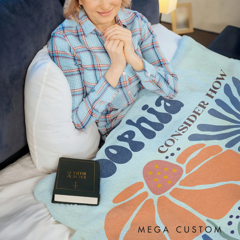Personalized Retro Flower Bible Verse Soft Throw Blanket with Name Home Decor Birthday Gift for Christian Women