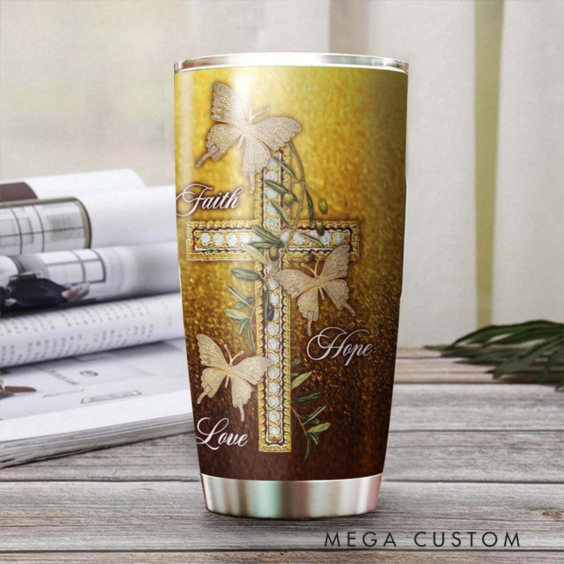 Personalized Faith Butterfly Faith Hope Love Gold Glitter 20oz Stainless Steel Tumbler with Name Religious Gift for Women