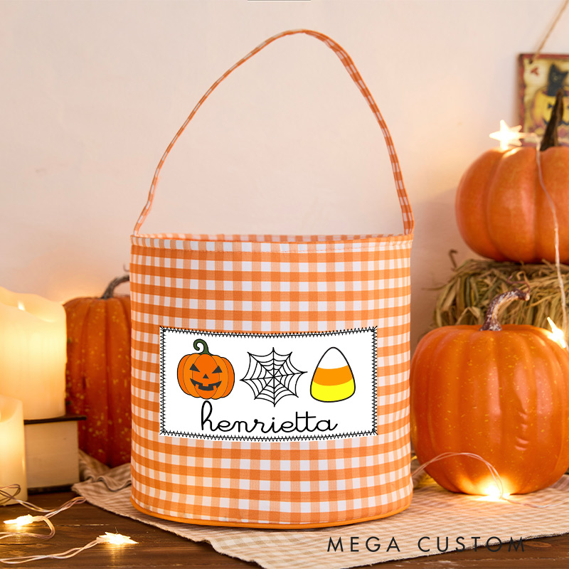 Personalized Halloween Treat Basket Pumpkin Spider Web and Candy Corn Design Basket