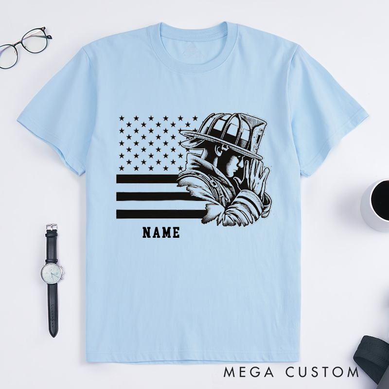 Personalized Firefighter Tribute American Flag and Helmet Illustration Design Gift for Firefighter T-Shirt