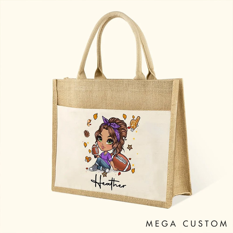 Personalized American Football Cartoon Girl Large Jute Tote Bag with Custom Name Travel Essentials Birthday Gift for Women