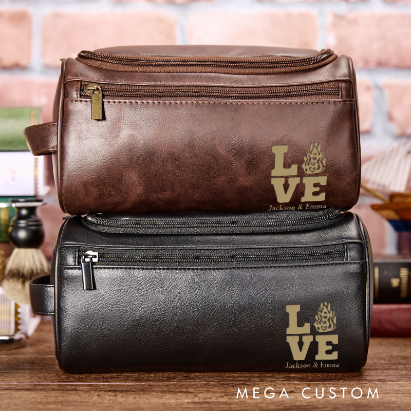 Personalized PU Leather Firefighter Toiletry Bag with LOVE and Fire Design Gift for Firefighter