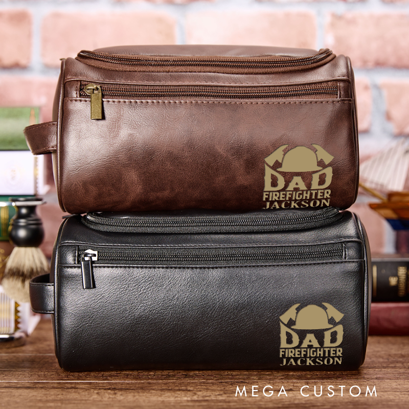 Personalized PU Leather Firefighter Toiletry Bag with Dad Firefighter Design Gift for Firefighter