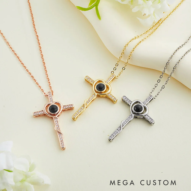 Personalized Photo Projection Cross Heart Necklace I Love You in 100 Languages Anniversary Birthday Gift for Women