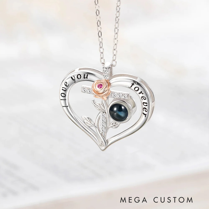 Personalized Rose Cross Heart-shaped Micro-Carved Photo Projection Necklace Birthday Anniversary Gift for Woman