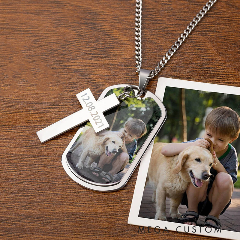 Personalized Photo Cross Dog Tag Necklace with Engraved Text Father's Day Gift Anniversary Gift Birthday Gift for Men Christian Gift