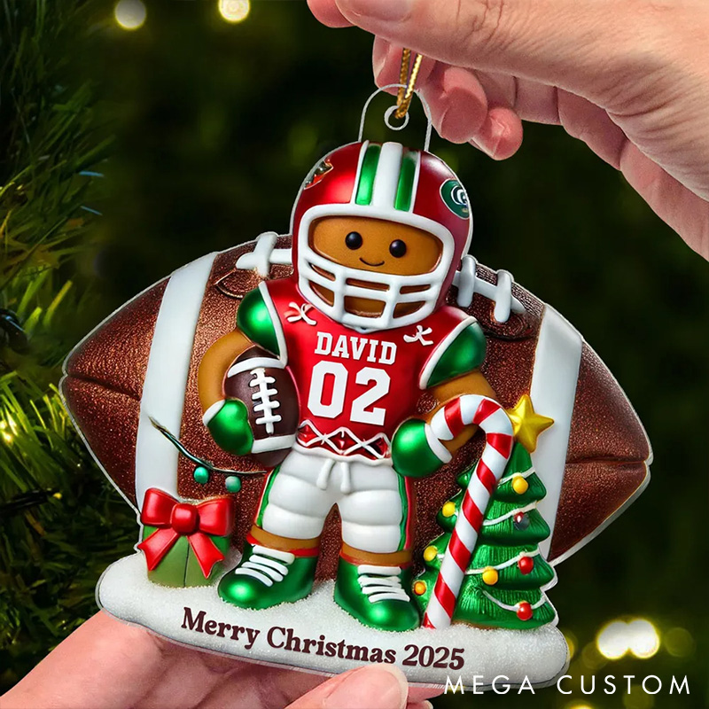 Personalized American Football Gingerbread Figure Acrylic Ornament with Custom Player Name and Number for Football Player 