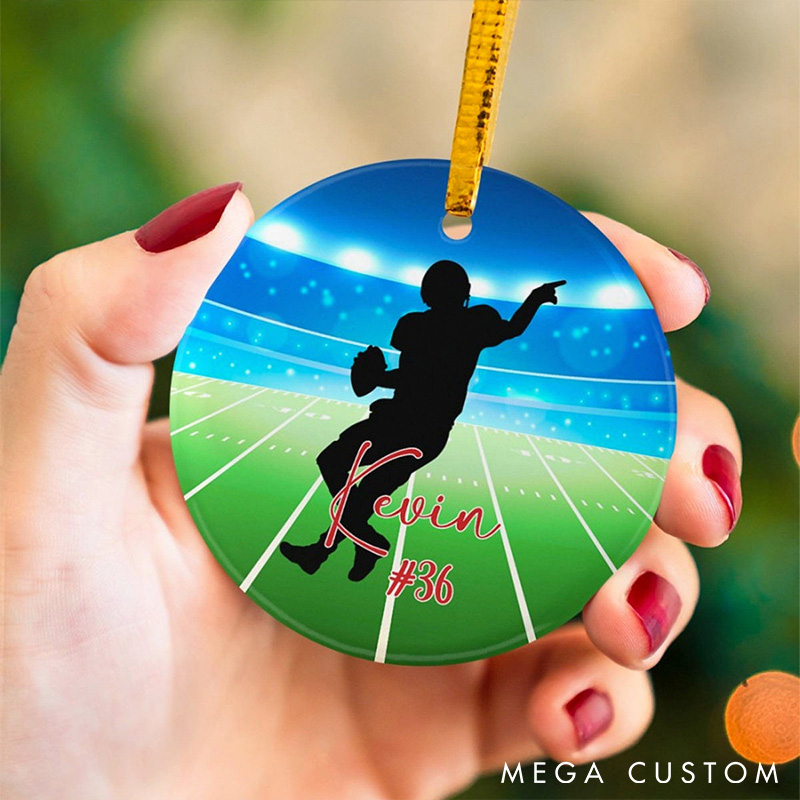 Personalized American Football Ceramic Ornament with Player Silhouette and Custom Name and Number