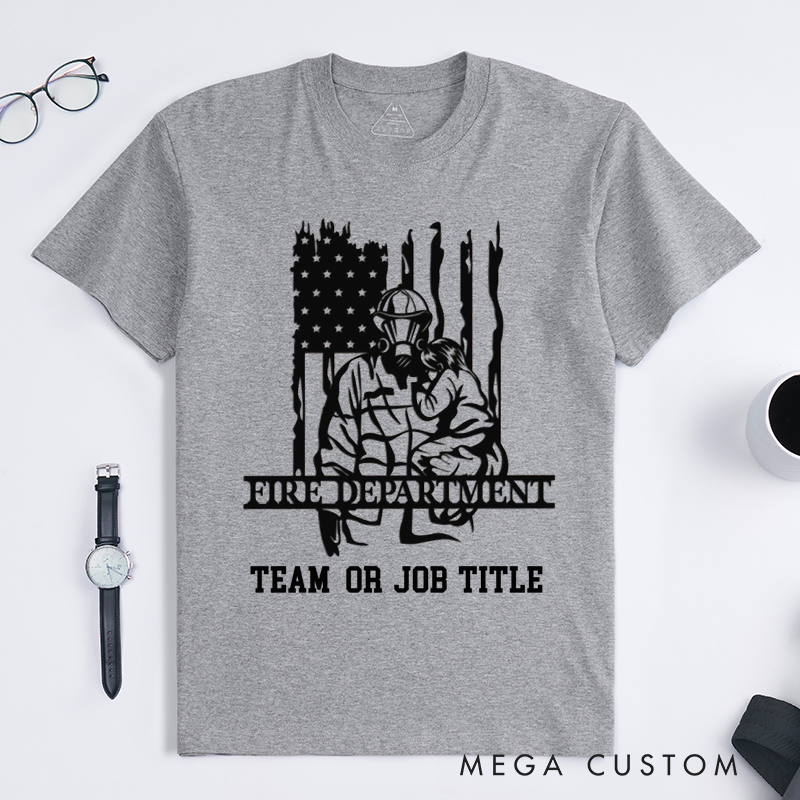 Personalized Fire Department American Flag Firefighter Silhouette Design Gift for Firefighter T-Shirt