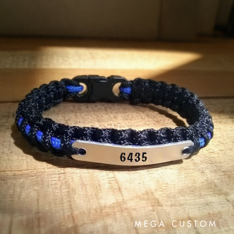 Personalized Thin Blue Line Paracord Bracelet with Engraved Badge Number Gift for Police
