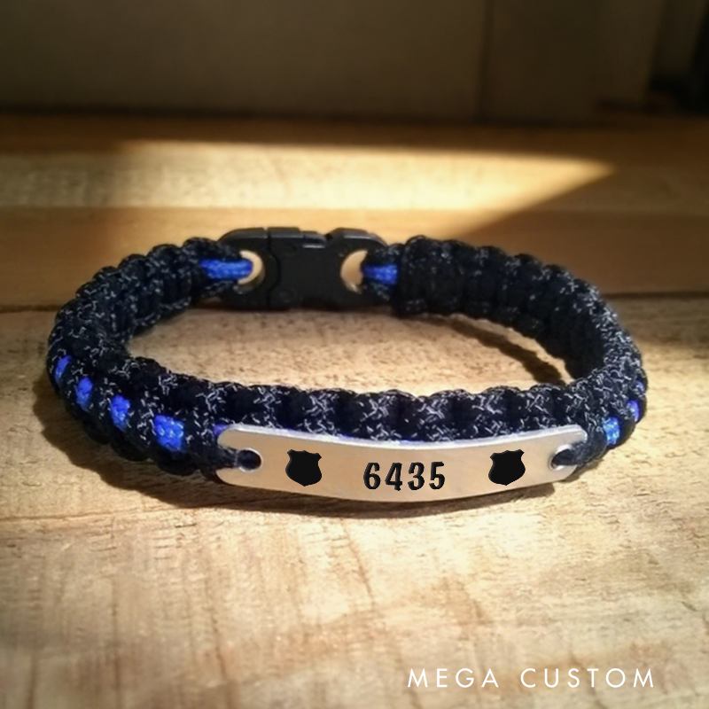 Personalized Thin Blue Line Paracord Bracelet with Badge Icons Gift for Police