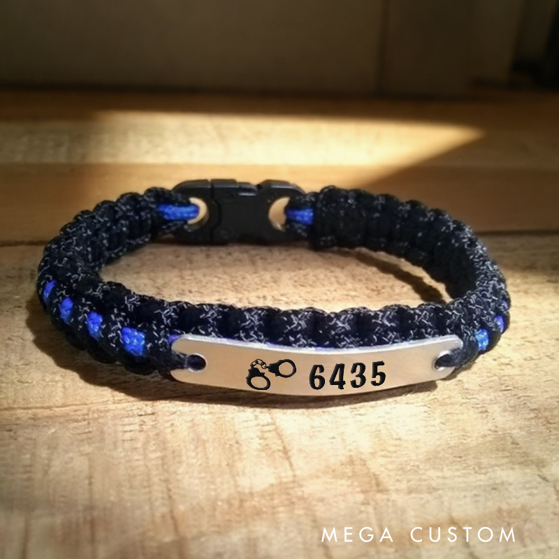 Personalized Thin Blue Line Paracord Bracelet with Handcuff Icon Gift for Police