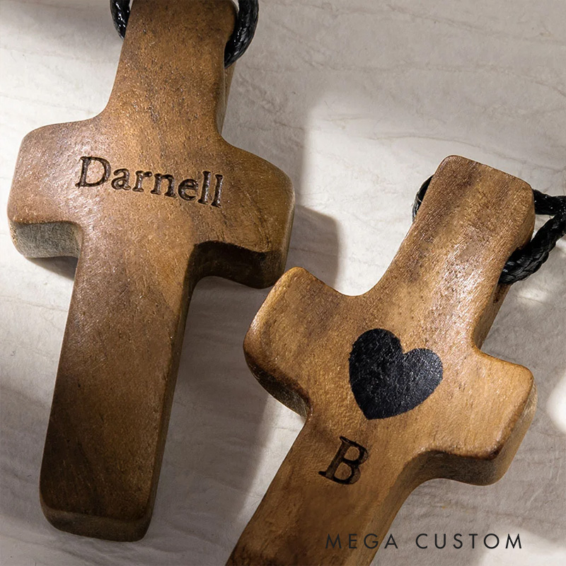 Personalized Wooden Cross Heart Keychain with Initial and Name Engraving Religious Gift Birthday Gift for Christians