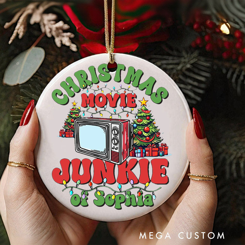 Personalized Christmas Movie Junkie Watching Ornament Christmas Film Ornament Movie Holiday Ornament