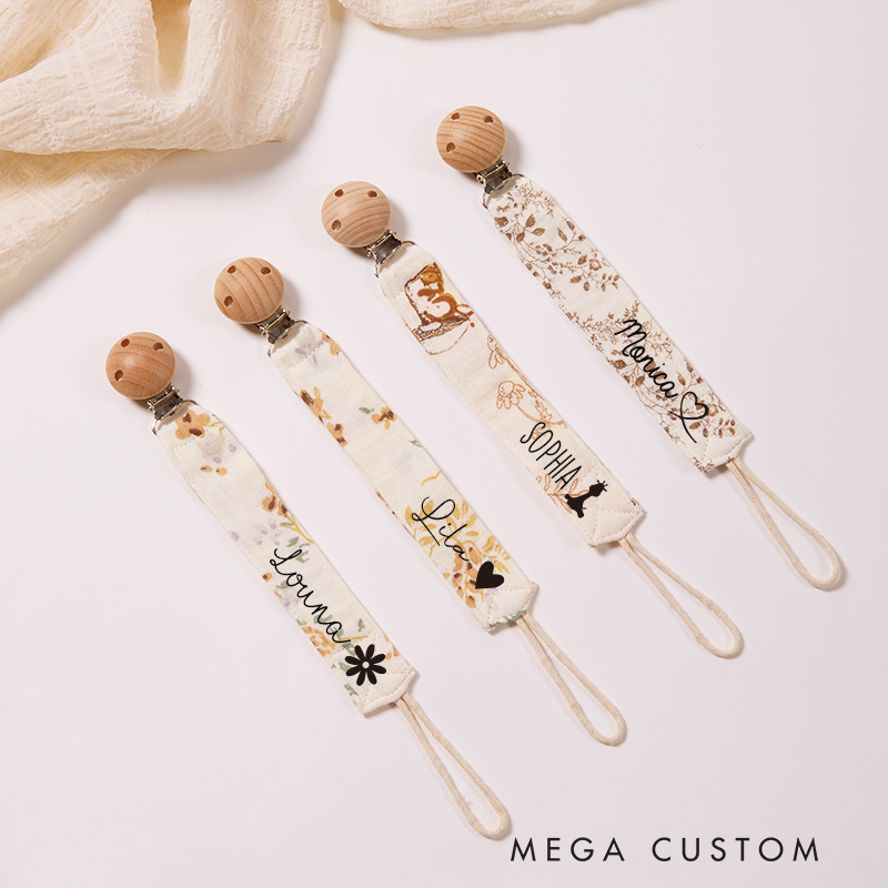 Personalized Double Gauze Pacifier Clips with Wooden Pacifier Clip Holder Baby Shower Gift