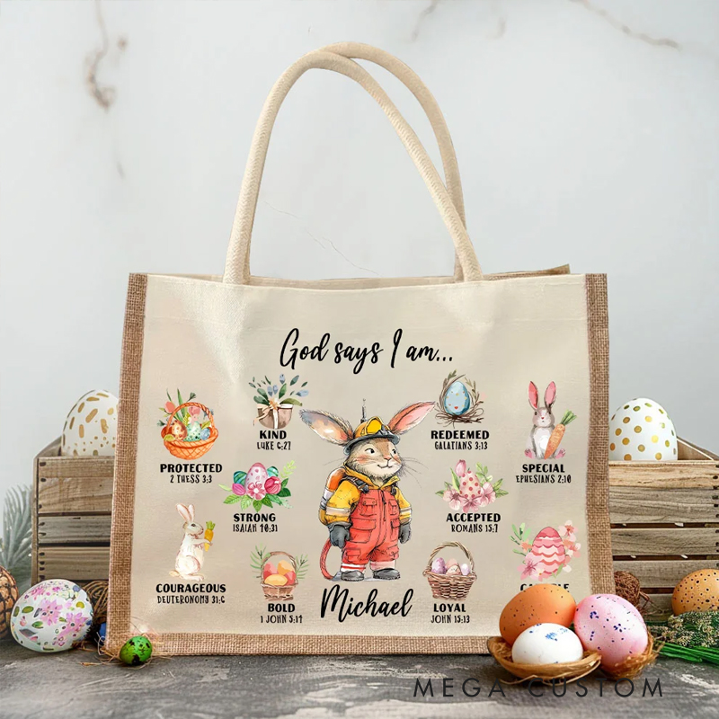 Personalized God Said I Am Cute Dream Job Bunny Bible Jute Tote Bag with Name and Canvas Pocket Easter Birthday Christian Gift for Kids