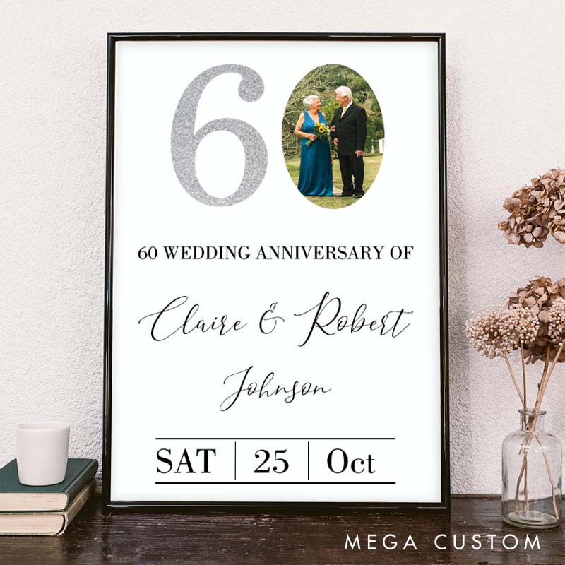 Personalized 60 Years Anniversary Canvas Painting Diamond Anniversary Canvas with Photo Husband Wife Anniversary Painting Gift