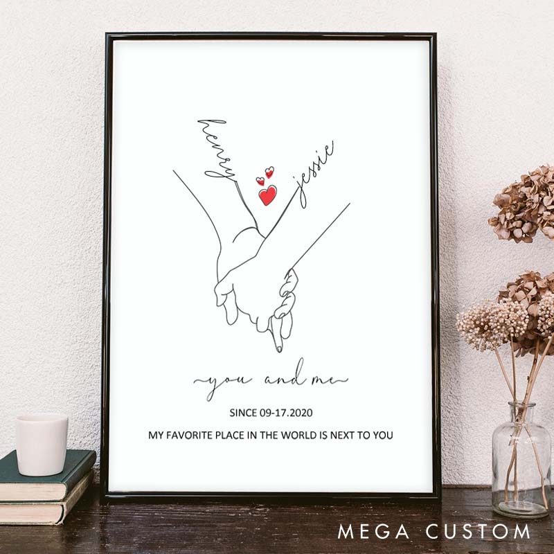 Personalized Couple Hand with Hand Canvas Painting You And Me Love Story Since Years Painting Wedding Anniversary Canvas for Husband Wife