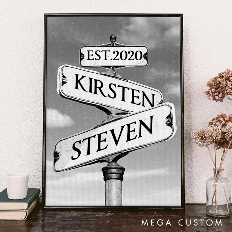 Personalized Anniversary Crossroads of Love Canvas Painting Idea Street Sign Couple Canvas Painting Gift for Husband Wife Couple Anniversary Painting