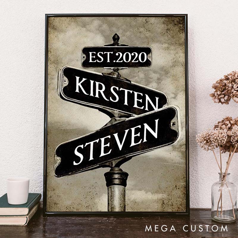Personalized Anniversary Crossroads of Love Canvas Painting Vintage  Nostalgic Crossing Sign Couple Canvas Painting Gift for Couple
