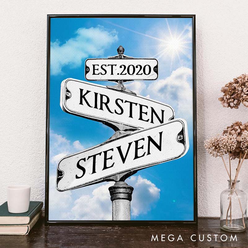 Personalized Anniversary Crossroads of Love Canvas Painting Blue Sky Crossing Street Sign Couple Canvas Painting Gift for Couple