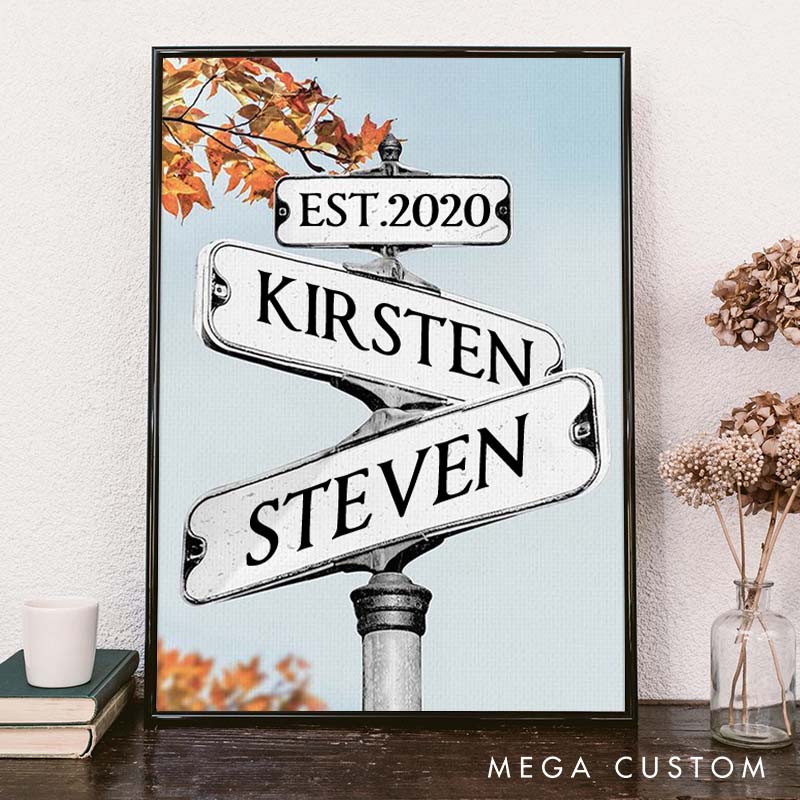 Personalized Anniversary Crossroads of Love Canvas Painting Love Story Journey Autumn Leaves Street Sign Couple Canvas Painting Gift for Couple