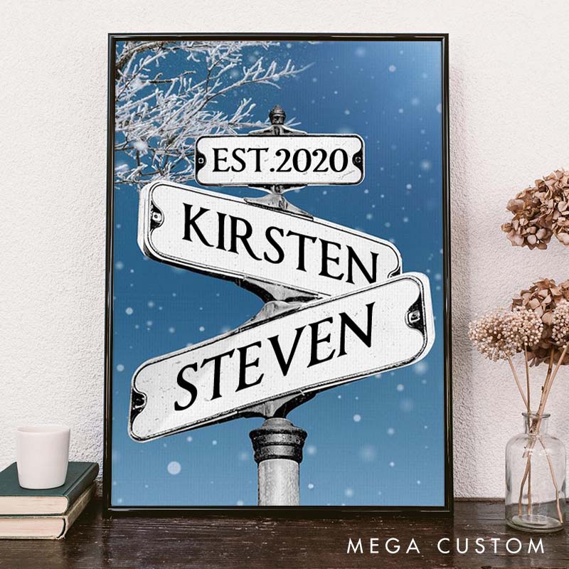 Personalized Anniversary Crossroads of Love Canvas Painting Couple Winter Love Story Street Sign Canvas Painting Gift for Couple