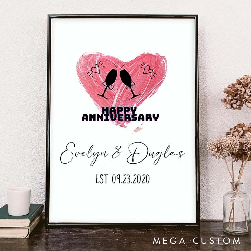 Personalized Couple 20th Anniversary Canvas Painting Romantic Pink Heart Cheers Champagne Painting Couple Anniversary Gift Canvas Painting
