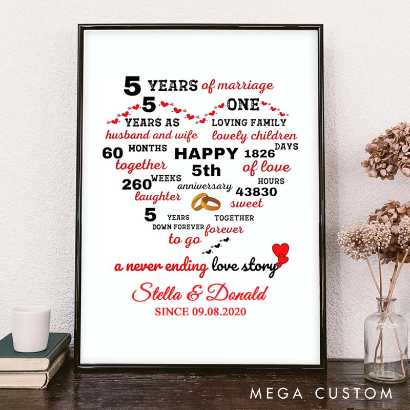 Personalized 5 Years of Love Heart Canvas Painting Couple Never-Ending Story Painting Timeless Anniversary Canvas Painting for Husband Wife