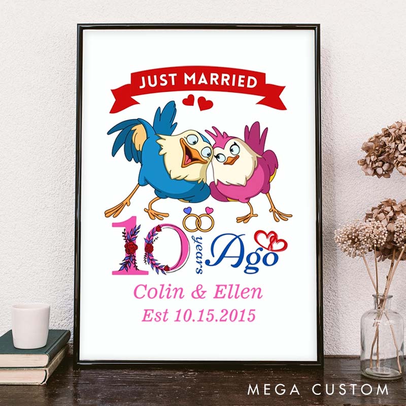 Personalized Lovebirds Anniversary Canvas Painting Romantic Just Married 10 Years Ago Couple Painting Timeless Anniversary Canvas Painting