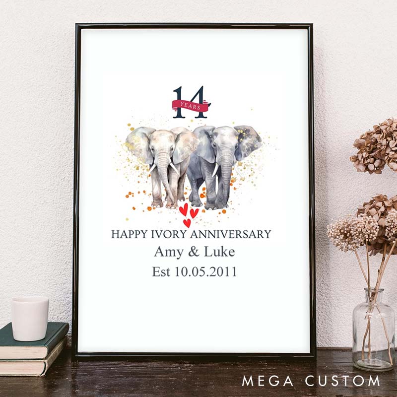 Personalized Happy Ivory Anniversary Painting Celebrating Couple 14 Years of Love Canvas Painting 14th Anniversary Gift for Husband Wife