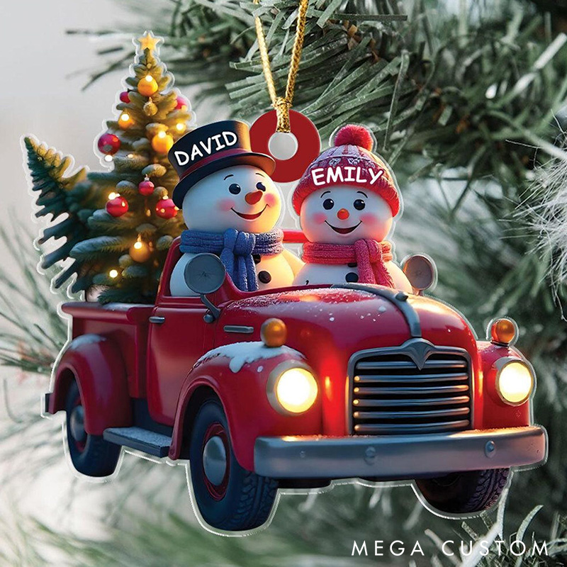 Personalized Snowman Christmas Ornament Acrylic Red Truck Christmas Ornament Snowman Couple Ornament Custom Name Ornament