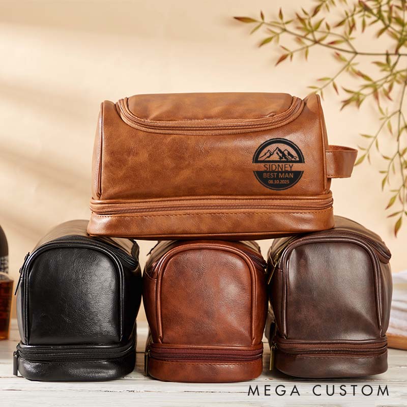 Personalized Groomsmen Leather Dopp Kit Groom Bachelor Party Toiletry Bag Men’s Striking Mountain Design Travel Bag Groomsman Proposal Gift Bag